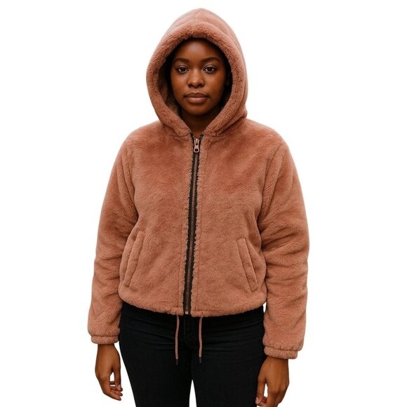 Lucky Brand L Womens Pink Faux Fur Hooded Jacket Rose Gold Zip Plush Cozy Warm - Picture 11 of 11